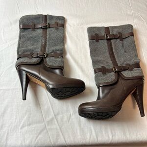 Cole Haan Brown Leather and Gray Fabric Heeled Boots